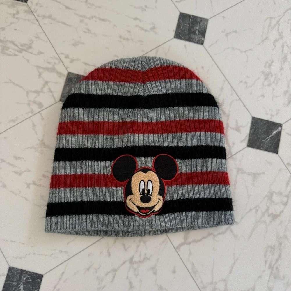 Disney Mickey Mouse Striped Beanie Gray Red Black Kids‎ 2T–5T Knit Hat